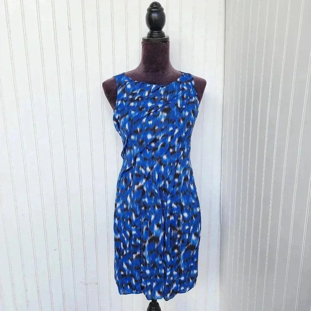 Ann Taylor Silk Sheath Dress Womans Tiered Blue Print Sleeveless Petite 0P
